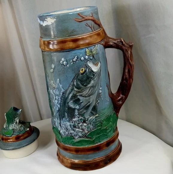 Hand Painted Largemouth Bass Ceramic Stein Tankard With Lid